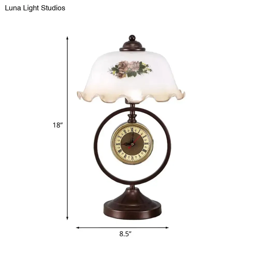 Nicole - Vintage Rust 1 Head Pleated Table Light Vintage Opaline Glass Dome Reading Book Lamp with Ring and Clock